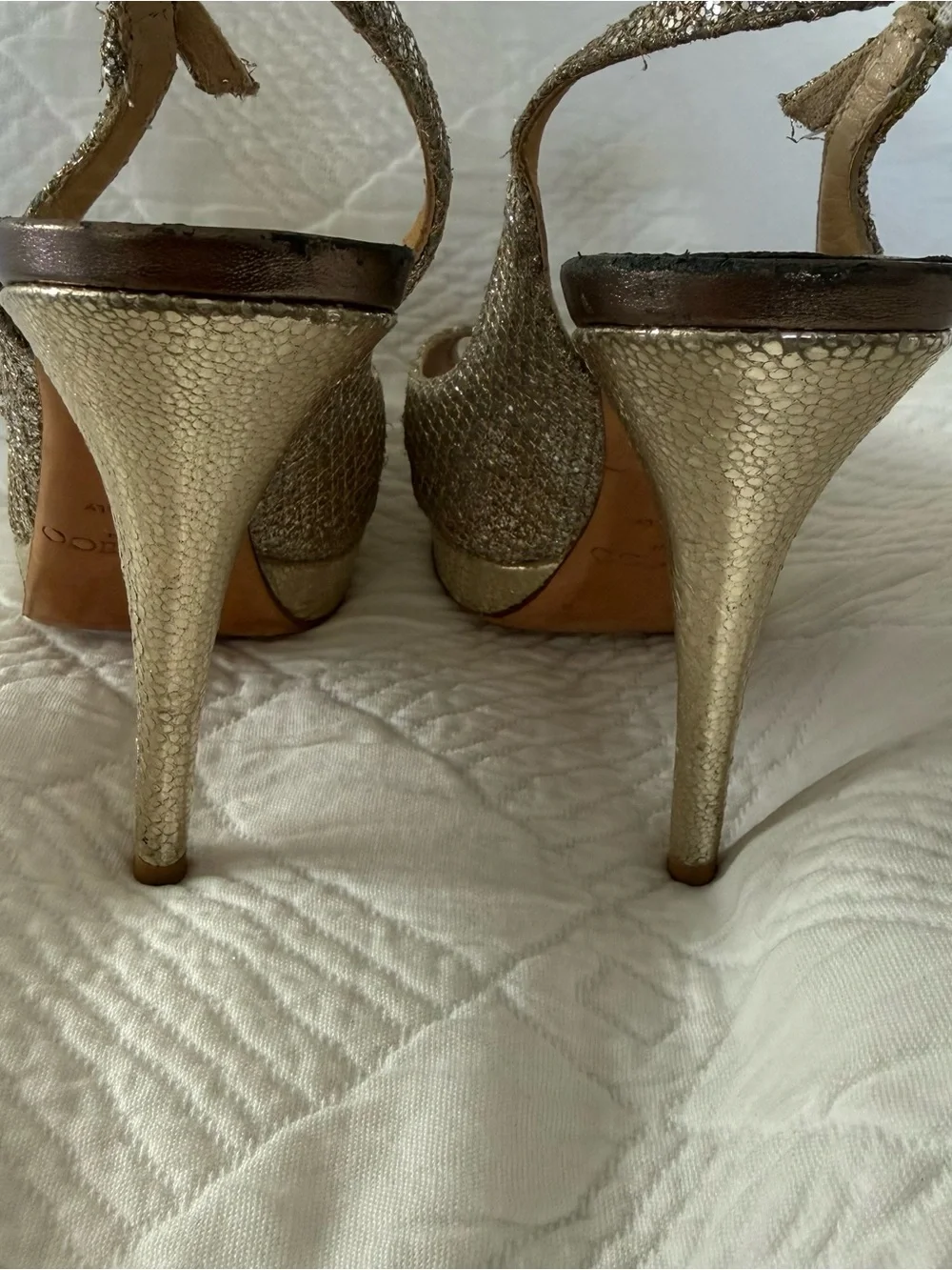Jimmy Choo Nova Silver Metallic Gold Glitter Slingback Platform Heels EU 35